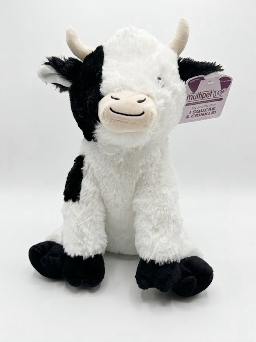 Multipet Cow Plush Dog Toy Squeaky Crinkle Soft Black & White Stuffed Animal
